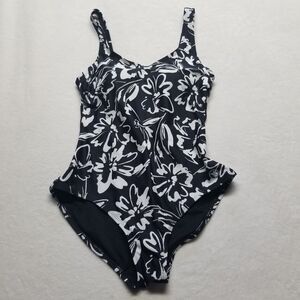 Hurley Womens Medium One Piece Swimsuit Black White Floral Padded Cups Classic